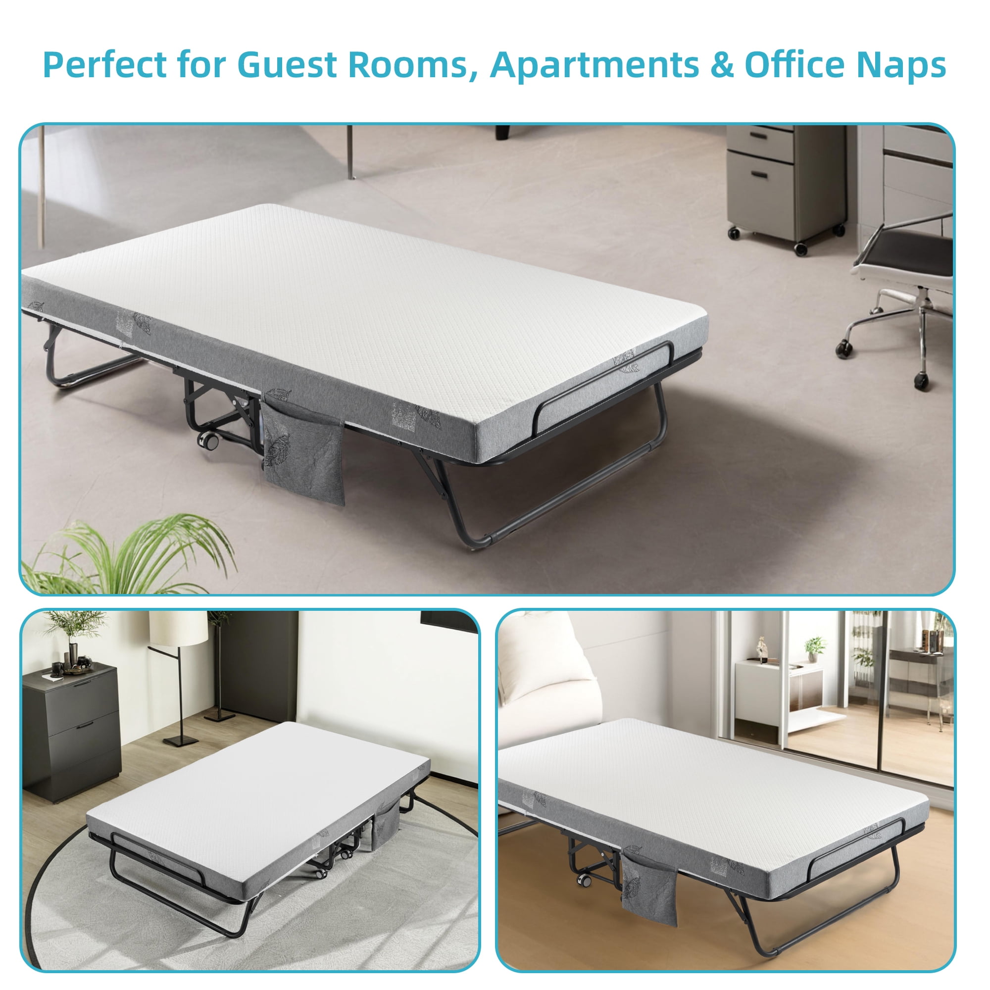Extra Wide Folding Bed with Memory Foam Mattress, Heavy Duty Steel Frame, Portable Rollaway Guest Bed with Wheels for Adults