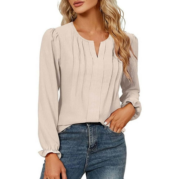 Htigea Dressy Shirts for Women Notch V-Neck Pleated Business Blouse Solid Long Sleeve Pullover Tops Beige S