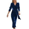 thumbnail image 2 of Liacowi Women Velvet Bodycon Midi Dress Solid Color V-Neck Tie-Up Long Sleeve Dress Spring Fall Evening Party Dress, 2 of 5