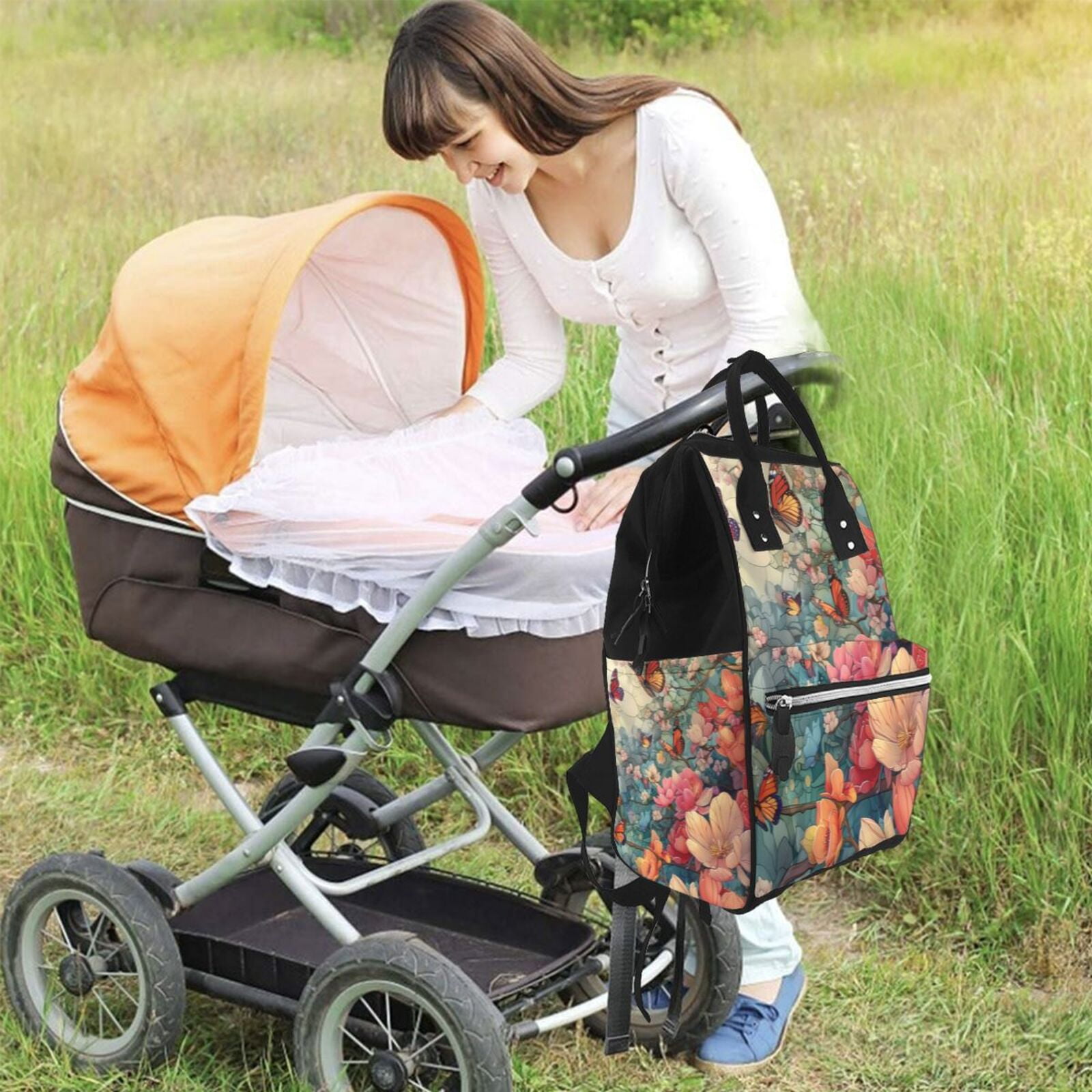 Ratiio Butterflies In Blooming Garden Mummy Backpack - Waterproof Twill Canvas, Large Capacity Diaper Bag with Multiple Pockets and Adjustable Straps