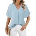 thumbnail image 3 of Baywell Women's V Neck Chiffon Blouse Ruffle Short Sleeve Work Dressy Shirts Front Pleated Loose Casual Tunic Top Solid Color S-2XL, 3 of 4