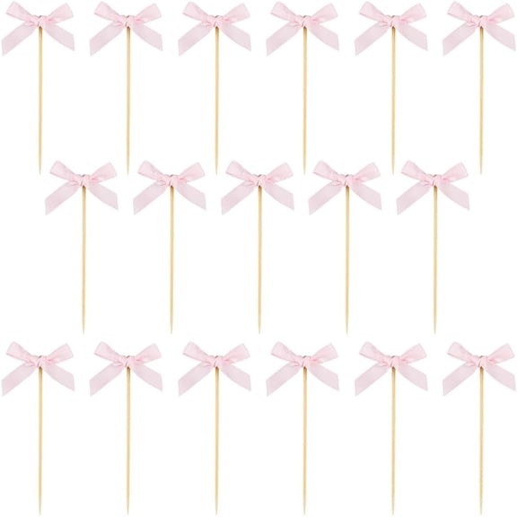 100Pcs Pink Cocktail Picks Bamboo Fancy Toothpicks Cocktail Sticks Skewers Bamboo Cupcake Toppers Wood Bowknot Food Sticks