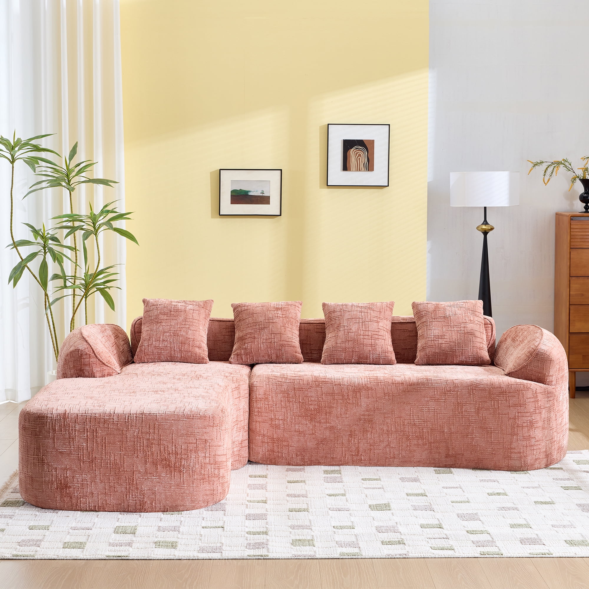 L-Shaped Sectional, Compressed Sofa with Chenille Fabric and Sponge Spring Support, No Assembly Couch for Living Room, 101" x 67" Pink