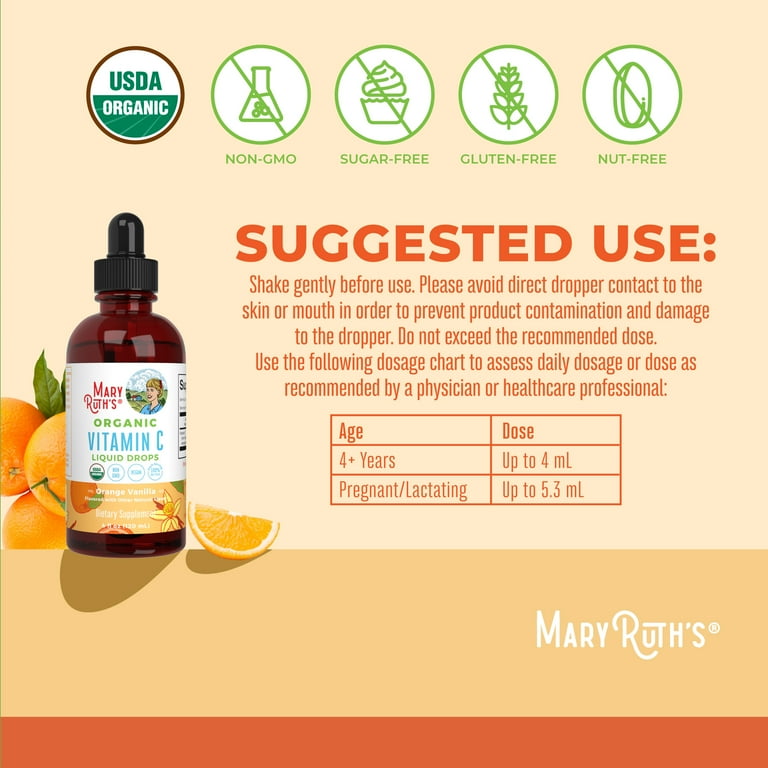 MaryRuth's Vitamin C Liquid Drops USDA Organic Orange Vanilla Flavor Vegan Non-GMO Acerola Fruit Extract 4 fl oz