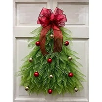 Creative Christmas Tree Shaped Door Wreath with Lights, Green Holiday Decoration for Front Door