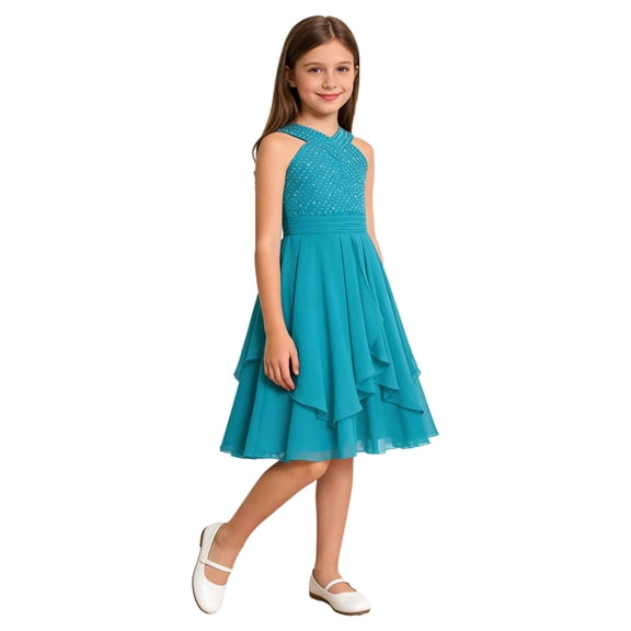 Yartina Girls Shiny Rhinestones Wedding Bridesmaid Dress V Neck Sleeveless Pleated Party Dress Ball Gowns Turquoise 12