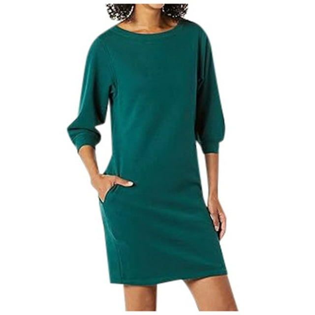 Vestido de mujer con mangas 3/4, cuello redondo y bolsillos - Corte en A, tejido transpirable, estilo informal para todas las estaciones - Se ajusta a la talla