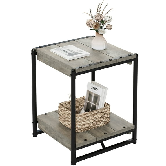 Fashionwu Wood End Table, Industrial Side Table with Storage Shelf, Easy Assemble 19.6 Square End Table with Sturdy Frame, Nightstand Table for Small Spaces, Living Room, Bedroom, Grey