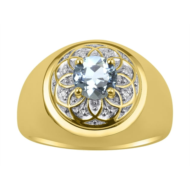 RYLOS Men's Rings Yellow Gold Plated Silver Designer Gypsy 7MM Round Gemstone & Diamond Ring Aquamarine March Size 12
