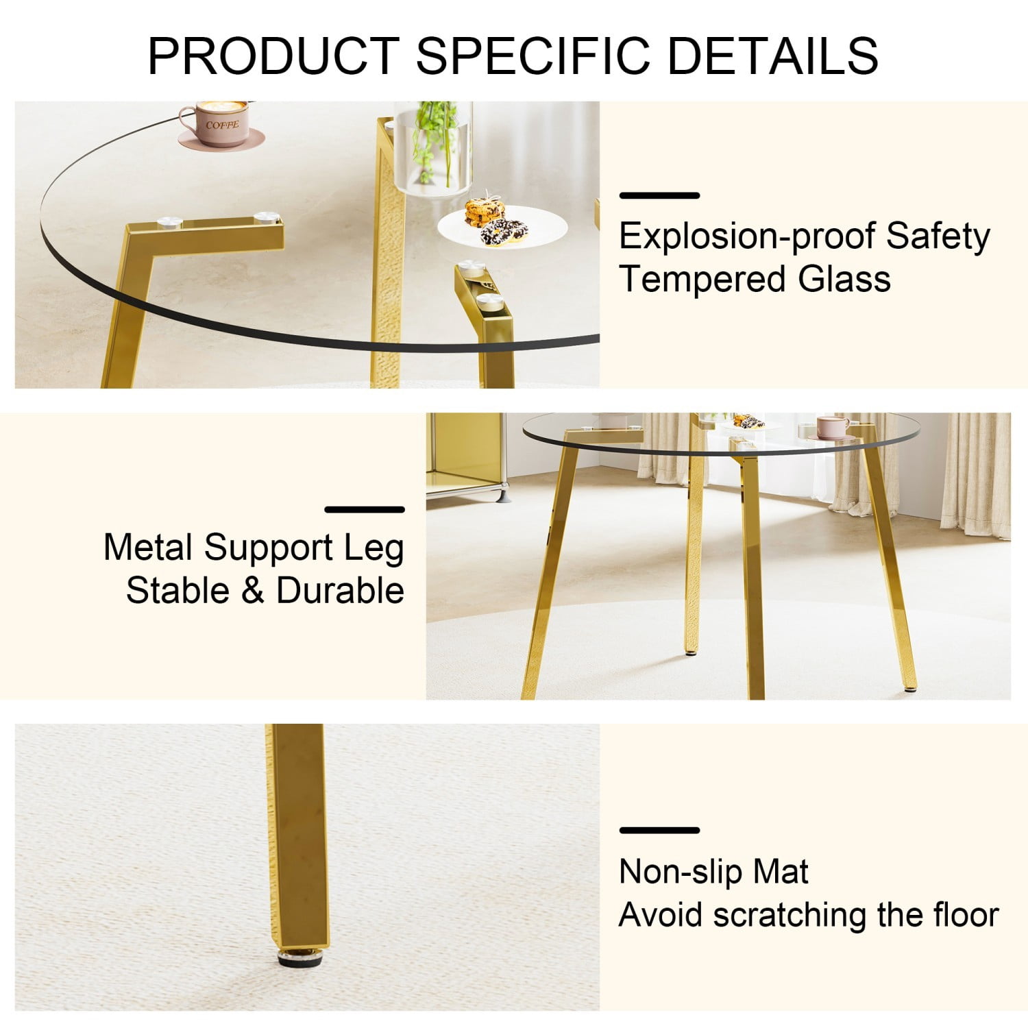 42" Round Glass Dining Table, Modern Tempered Glass Tabletop with Gold Metal Legs, Minimalist Kitchen Table for Dining Room Living Room