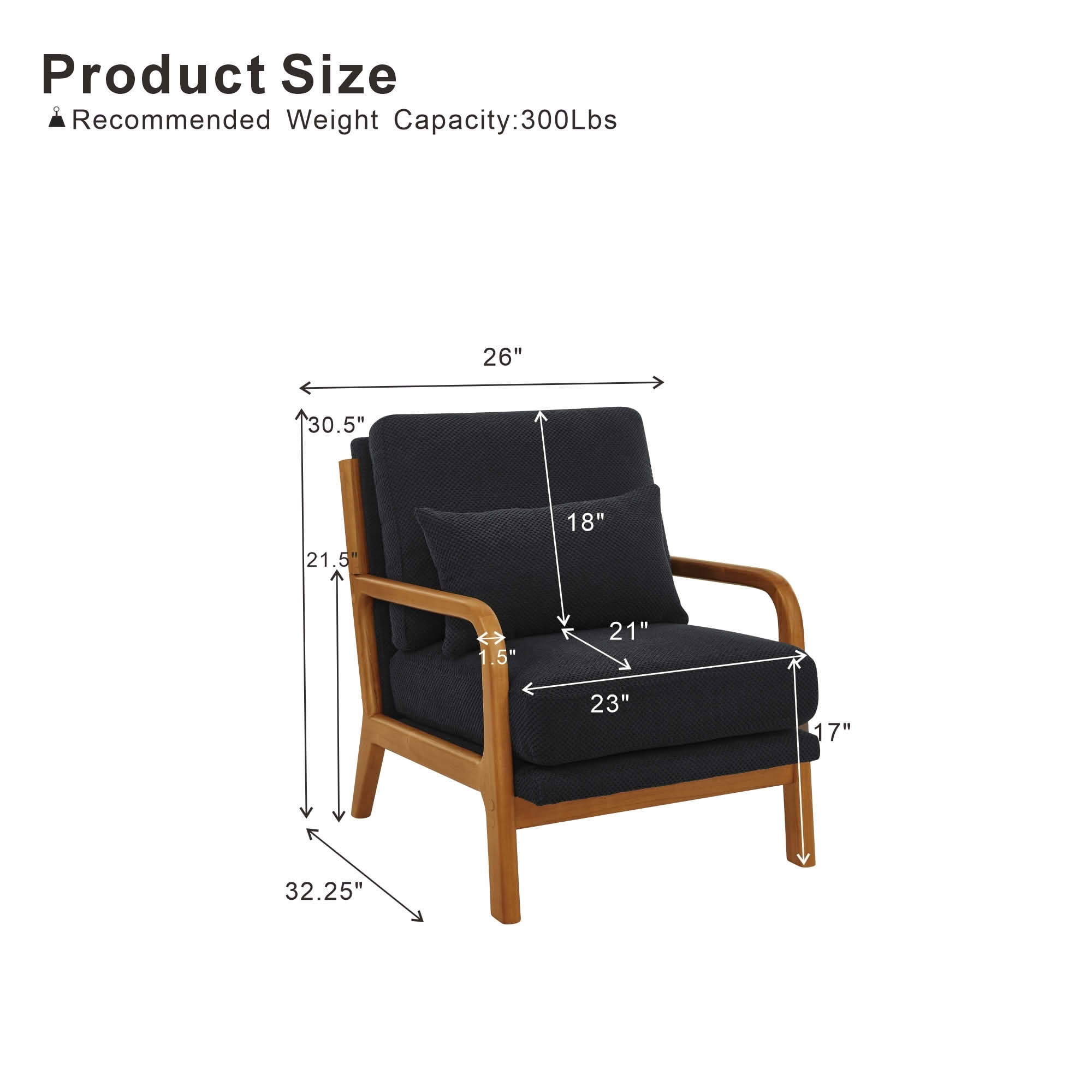 MAYEERTY 26 In Nubby Fabric Lounge Chair, Solid Wood Armrests, Lumbar Pillow, Black, 300 lb