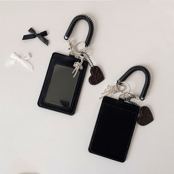 Premium Black Leather Card Holder with Heart Keychain, Portable ID Badge Sleeve and Protective Card Cover with Spiral Wrist Strap