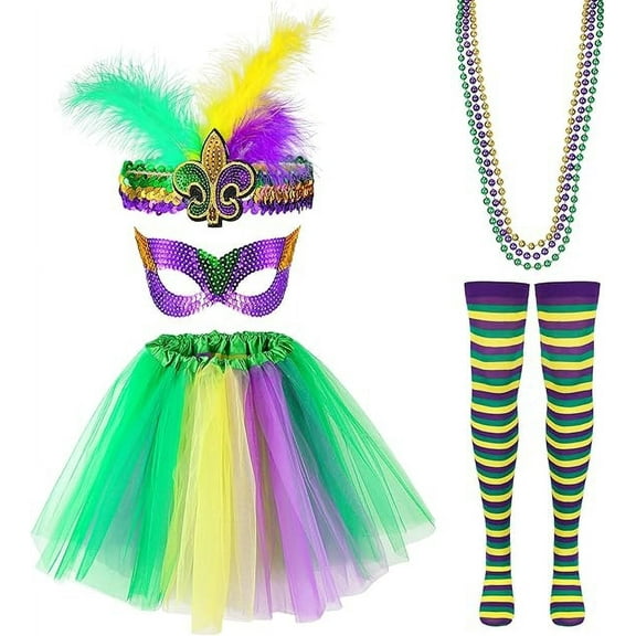 7PCS Mardi Gras Costume Accessory Set for Women, Tutu Skirts Mardi Gras Beads Carnival Headdress Mask Long Socks