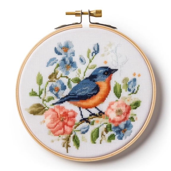 Flowers Bird Starter Easy Cross Stitch Kits Color Stamped Embroidery Kits DIY 11CT Stamped Patterns Embroidery Needlework Kit Supplies 12 Inch Hoop Included(et-134)