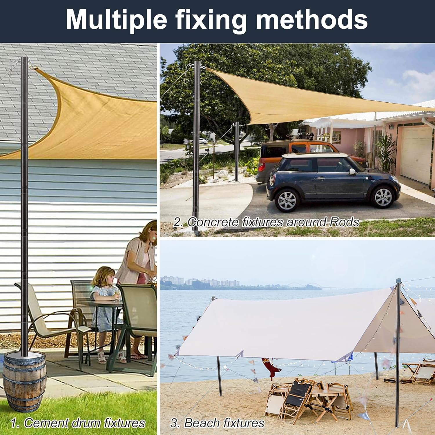 FLY HAWK Shade Sail Poles Kit, 9ft Heavy Duty Sun Shade Sail Pole Adjustable Metal, 2.5in Thick Diameter Outdoor Sail Shade Pole for Garden Patio Backyard Lawn and String Light, Black