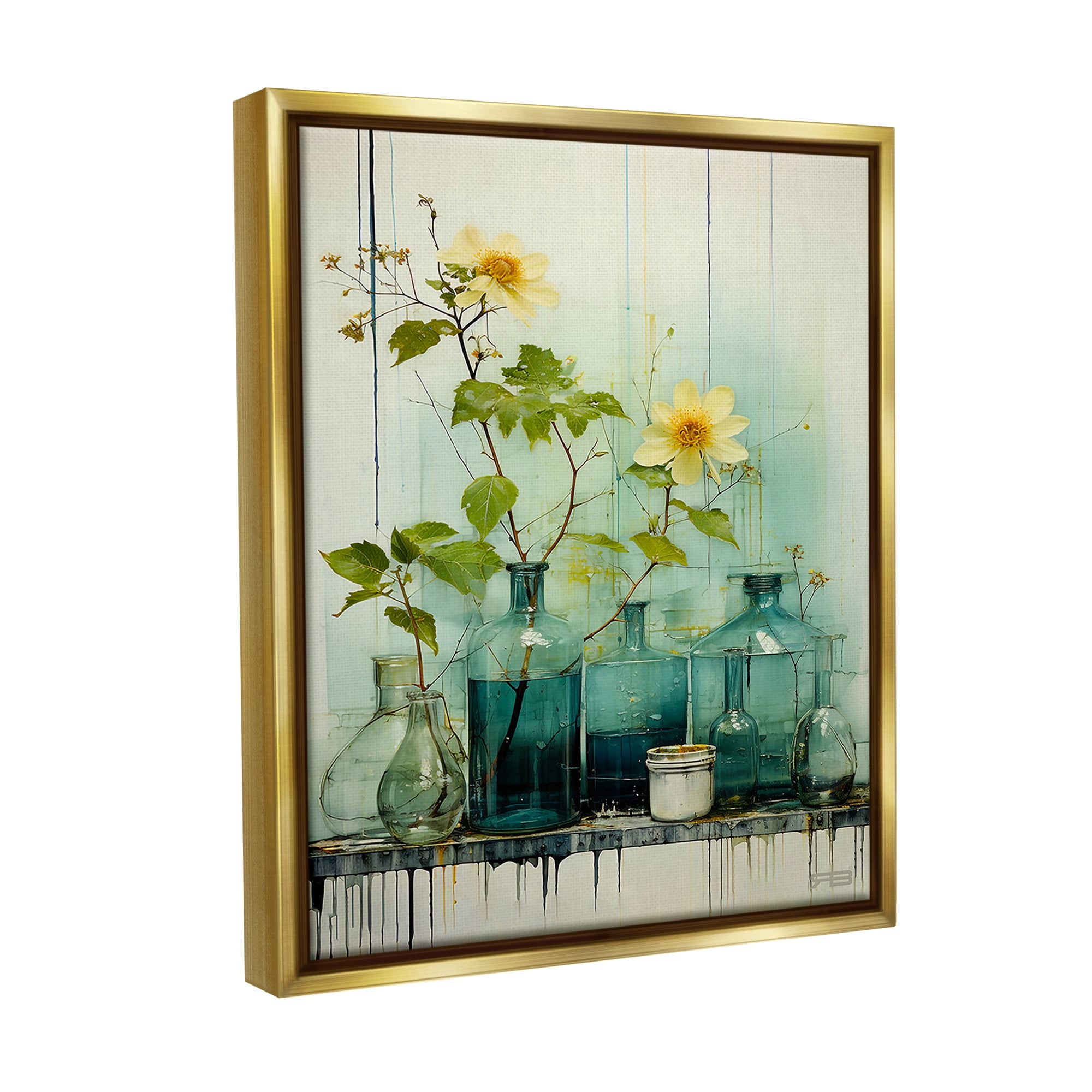 Stupell Industries Modern Jars & Florals Botanical & Floral Painting Gold Floater Framed Canvas Art Print Wall Art, 25 x 31
