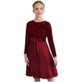 thumbnail image 1 of Runhomal Robe à Sequins pour Filles Col Rond Manches Longues Plissée Fête Mariage Robe Fleur Bourgogne 16, 1 of 7