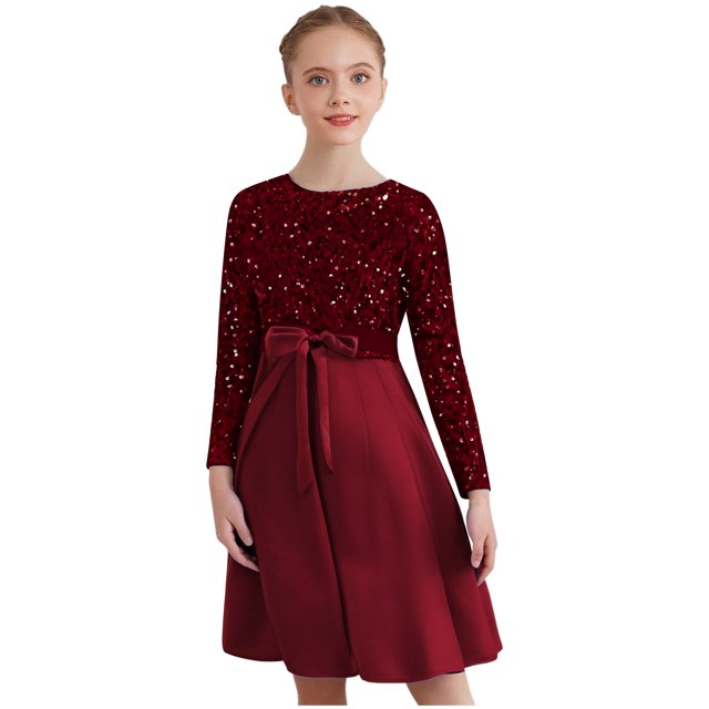 Runhomal Robe à Sequins pour Filles Col Rond Manches Longues Plissée Fête Mariage Robe Fleur Bourgogne 16