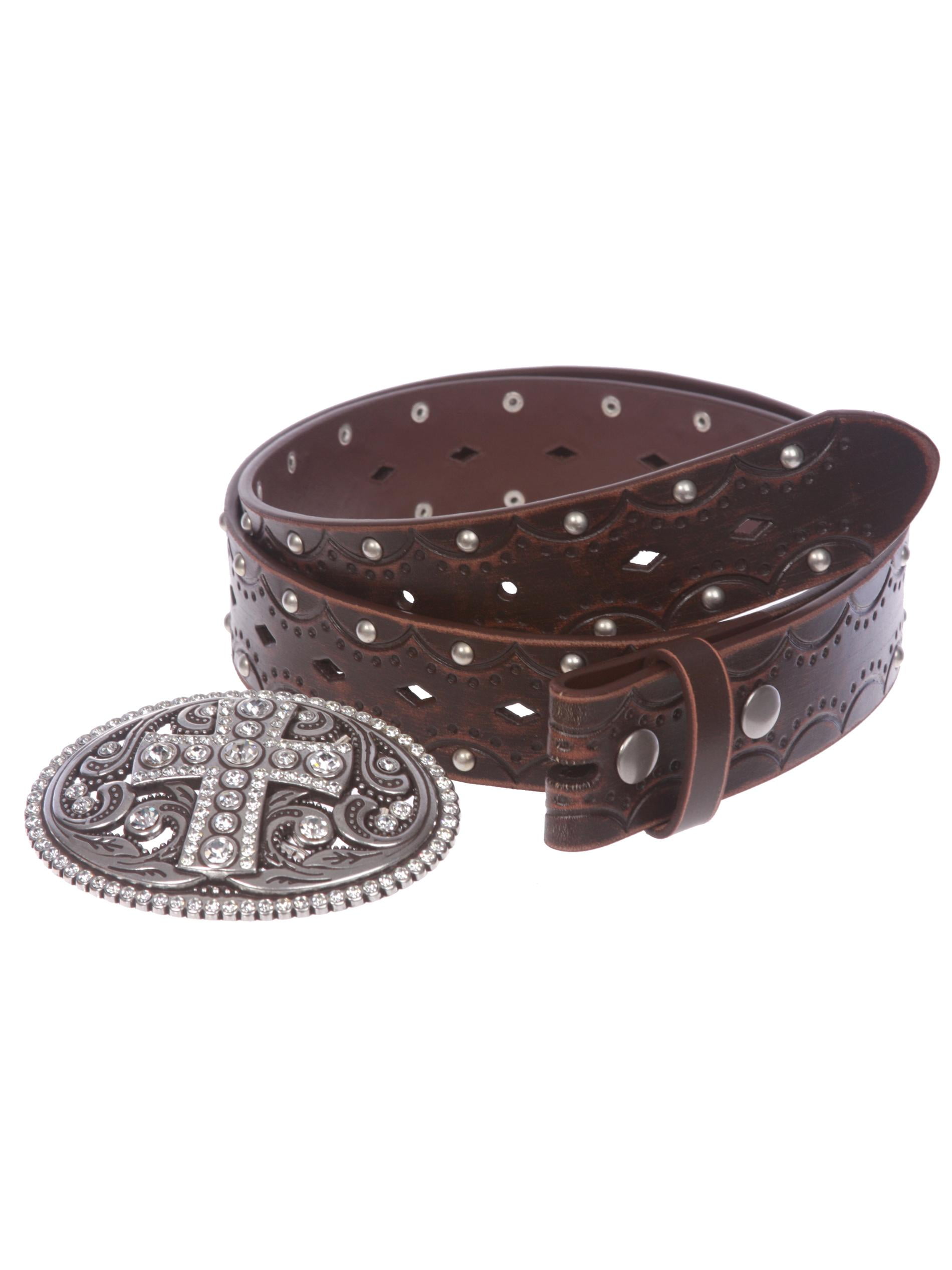 Studded Perforated Embossed Leather Belt With Rhinestone  display picture 1