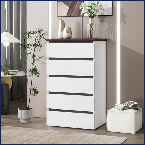 Dressers 5-Drawer Modern Bedroom Storage Chest, White & Walnut | Particle Board | White