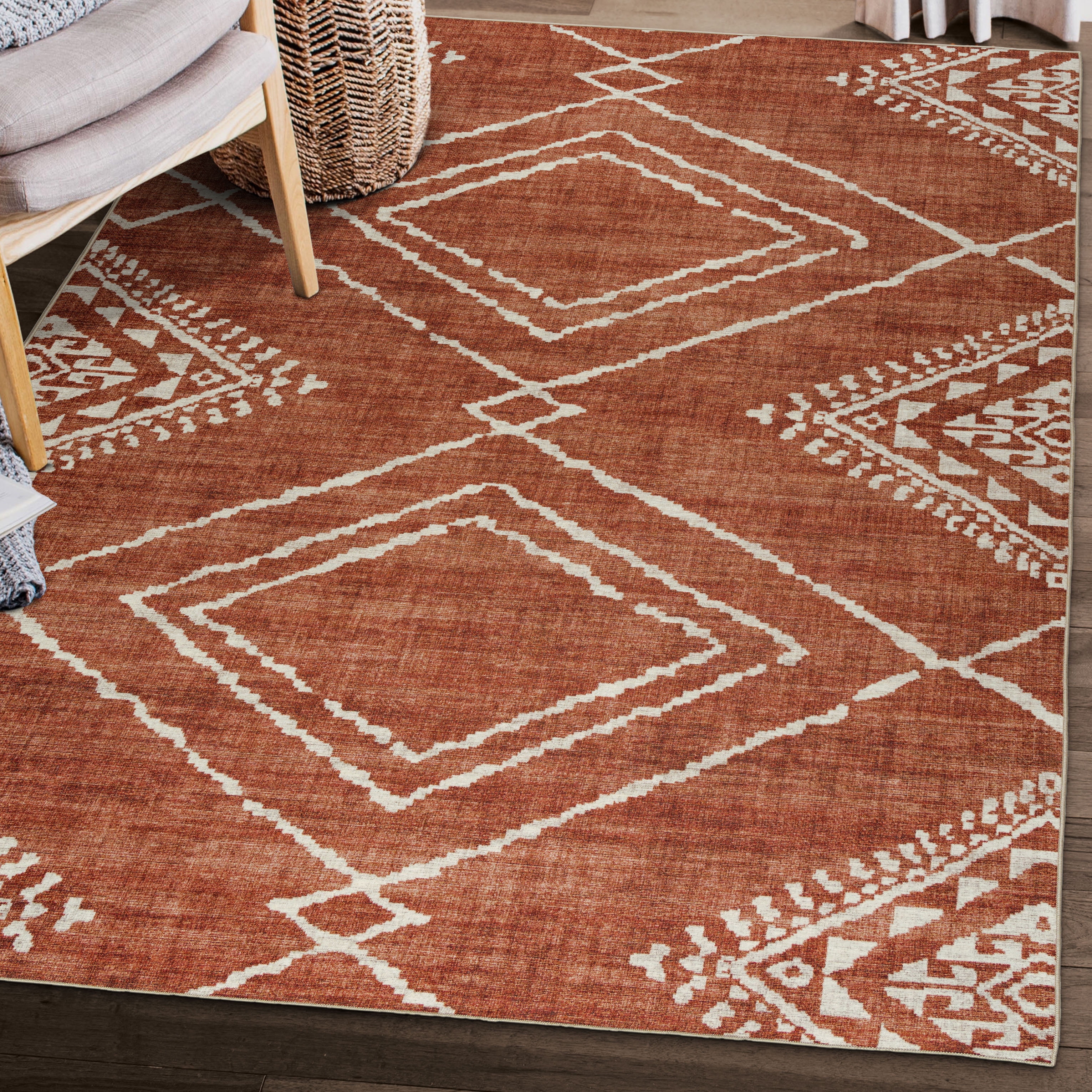 ReaLife Rugs Machine Washable Area Rug - Living Room Bedroom Bathroom Kitchen Entryway Office - Padded Low Pile Stain Resistant Premium - Moroccan Diamond Tribal - Jax - Orange 5' x 7'