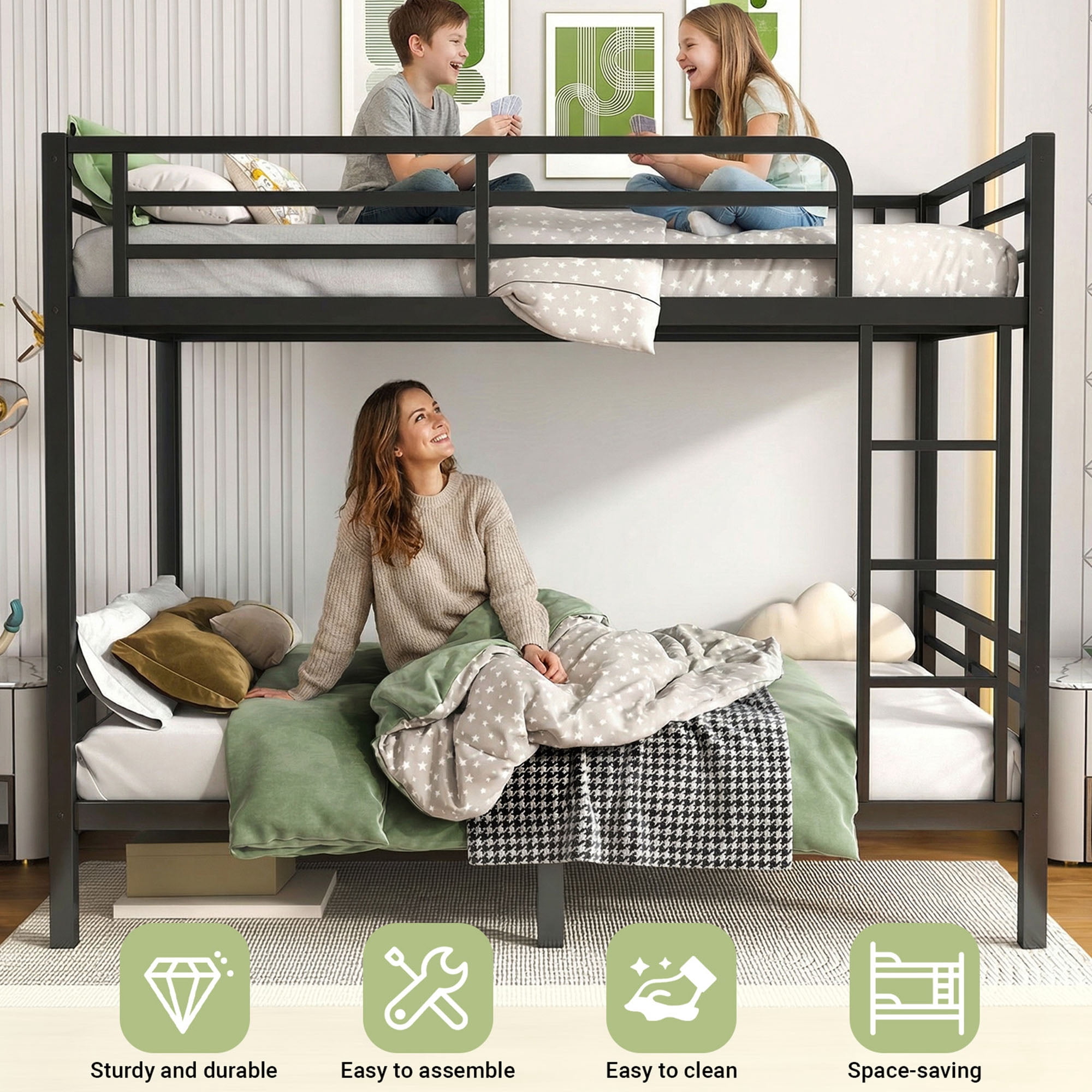 Miniyam Twin over Twin Metal Bunk Bed Frame, Noise Free, Space Saving, Black