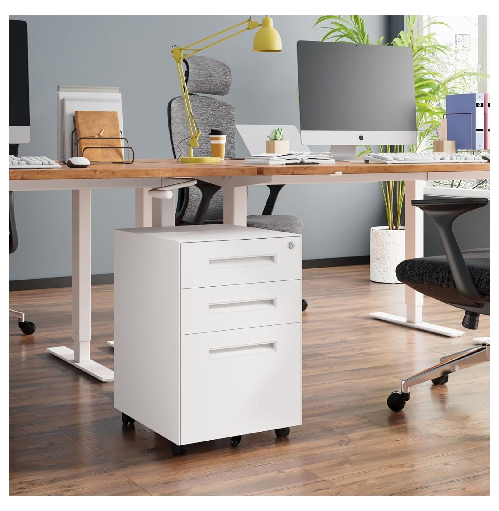 3 Drawer White File Cabinet, Mobile Under Desk Storage File Cabinet with Lock on Wheels, Fully Assembled, Letter/Legal Size, Small Short Vertical Metal Rolling Filing Cabinets for Home Office