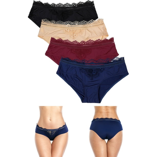 Charmo Women's Lace Trim Hipster Panties Nylon Bikini Brief Underwear 4  Pack 