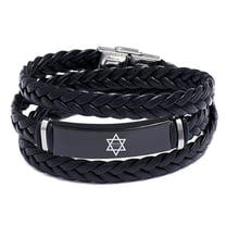 Religious Judaica Jewelry - Hebrew Name of God with Jewish Star of David Layered Leather Bracelet Yahweh Yhvh Tetragrammaton Wristband for Israel Anniversary Gifts, Black