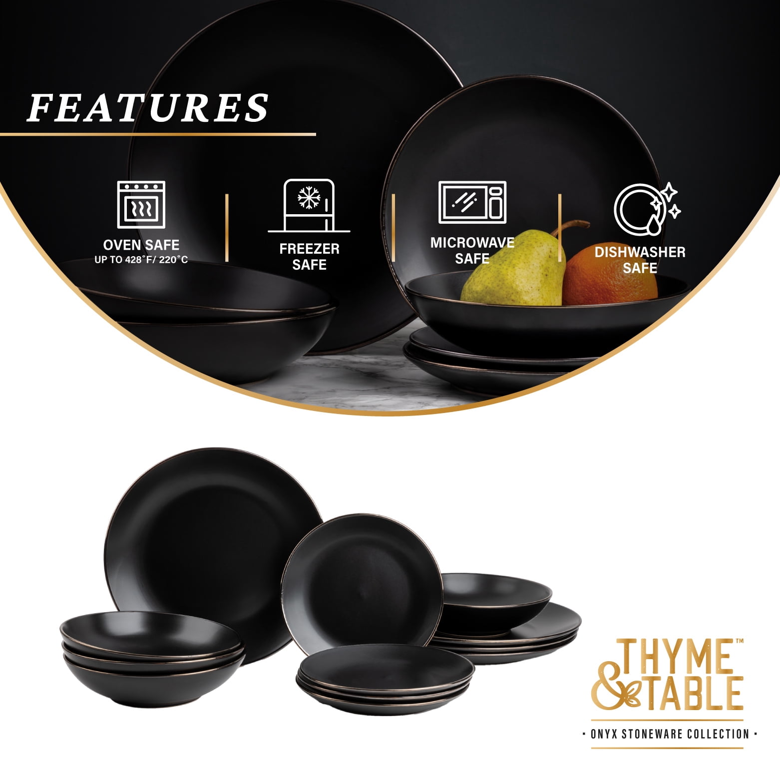 Thyme & Table Onyx 12-Piece Ceramic Dinnerware Set Black