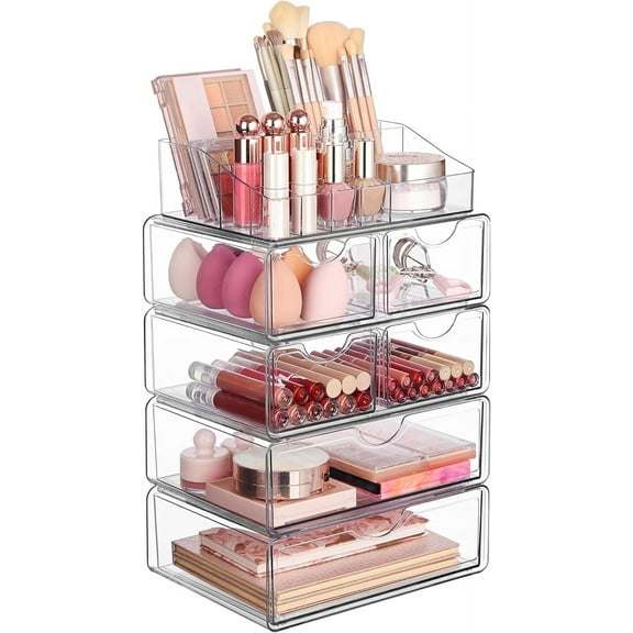 5 Tier Clear Makeup Organizer with Drawer, Cosmetic Storage for Dresser Countertop and Bathroom Vanity, Beauty Holder for Lipstick Brush Skincare