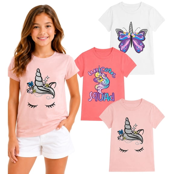 MISS POPULAR Girls 3-Pack Super Soft Short Sleeve T-Shirts Unicorn Butterfly Glitter Print Cute Design| Sizes 7-16