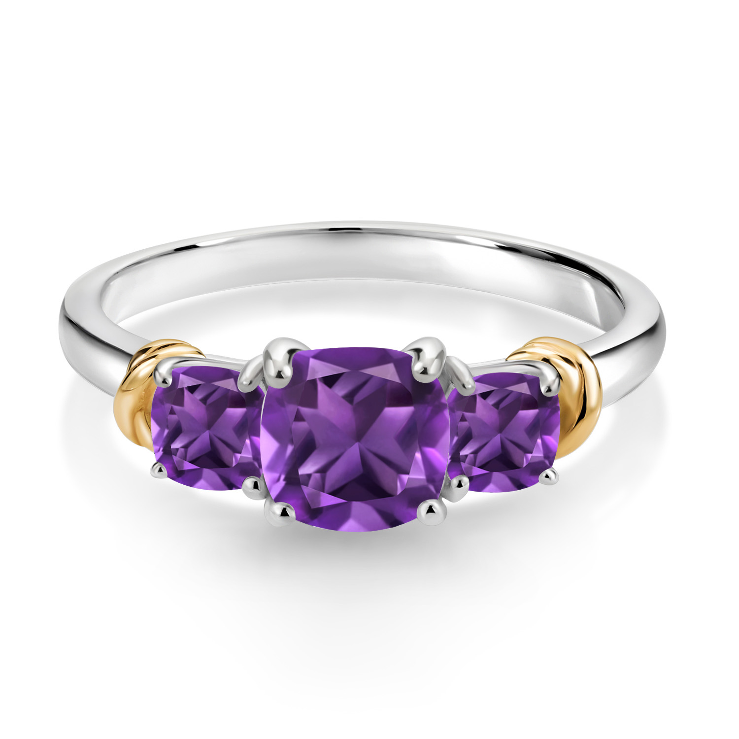 Gem Stone King 925 Sterling Silver and 10K Yellow Gold Purple Amethyst 3 Stone Engagement Ring for Women (1.55 Cttw, Cushion Cut 6MM and 4MM, Available in Size 5, 6, 7, 8, 9)