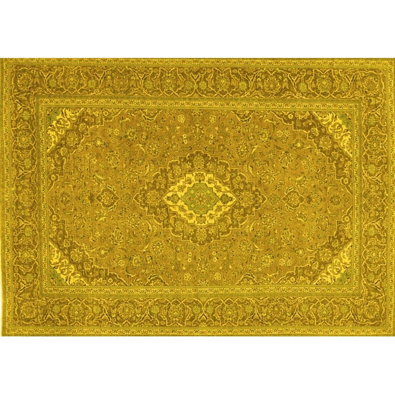 Ahgly Company Machine Washable Indoor Rectangle Medallion Yellow Traditional Area Rugs, 8' x 12'
