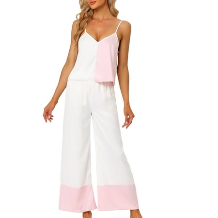 

cheibear Womens Satin Lounge Color Block Cami Tops with Pants Sleepwear Pajamas Sets