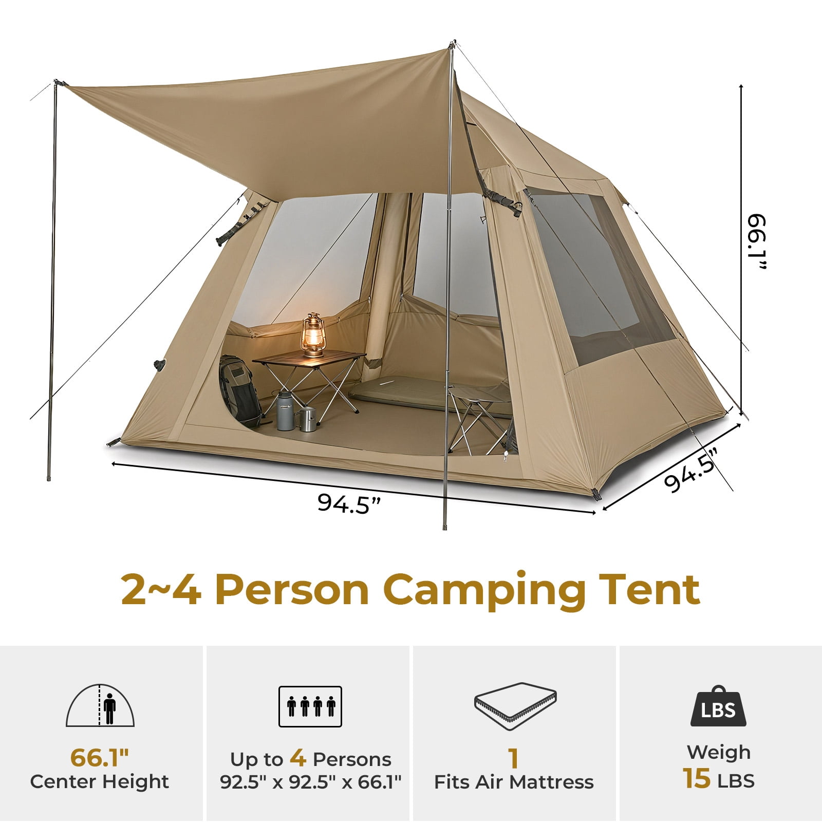UBesGoo 2-4 People Inflatable Tent with Hand Pump for Camping, Easy Setup Air Glamping Tents with Extra Canopy, Camping Tent for Family, Khaki