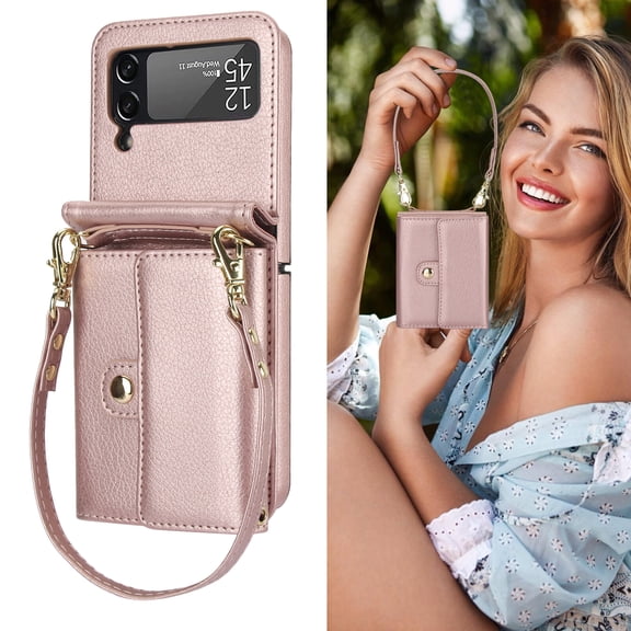 Allytechgroup Galaxy Z Flip 3 Wallet Case, Stylish Practical Protective Premium PU Leather Cards Slots Hand Wrist Crossbody Strap Phone Case for Samsung Galaxy Z Flip 3, Rosegold