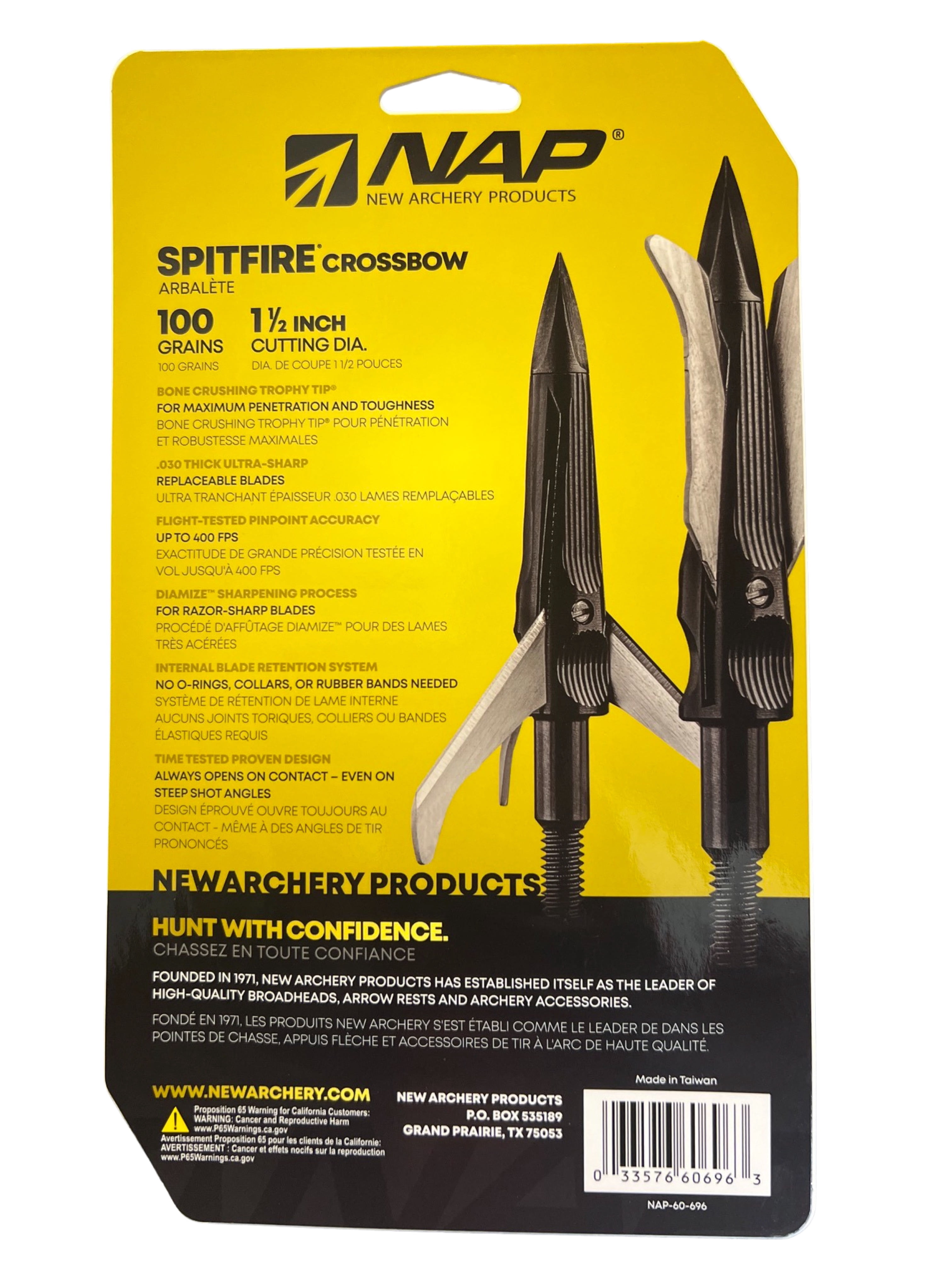 New Archery Products NAP Spitfire Crossbow Mechanical Broadhead 3 Blade 1 1/2" Cutting Diameter 100 Grain Three Pack