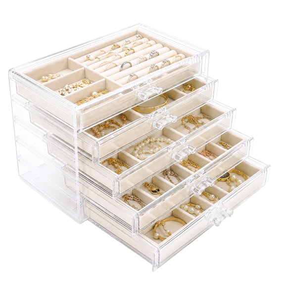Naeqieo Acrylic Jewelry Box with 5 Drawers, Clear Jewelry Organizer with Adjustable Velvet Trays, Earring Organizer for Women Girls, Christmas Birthday Gift, Gray