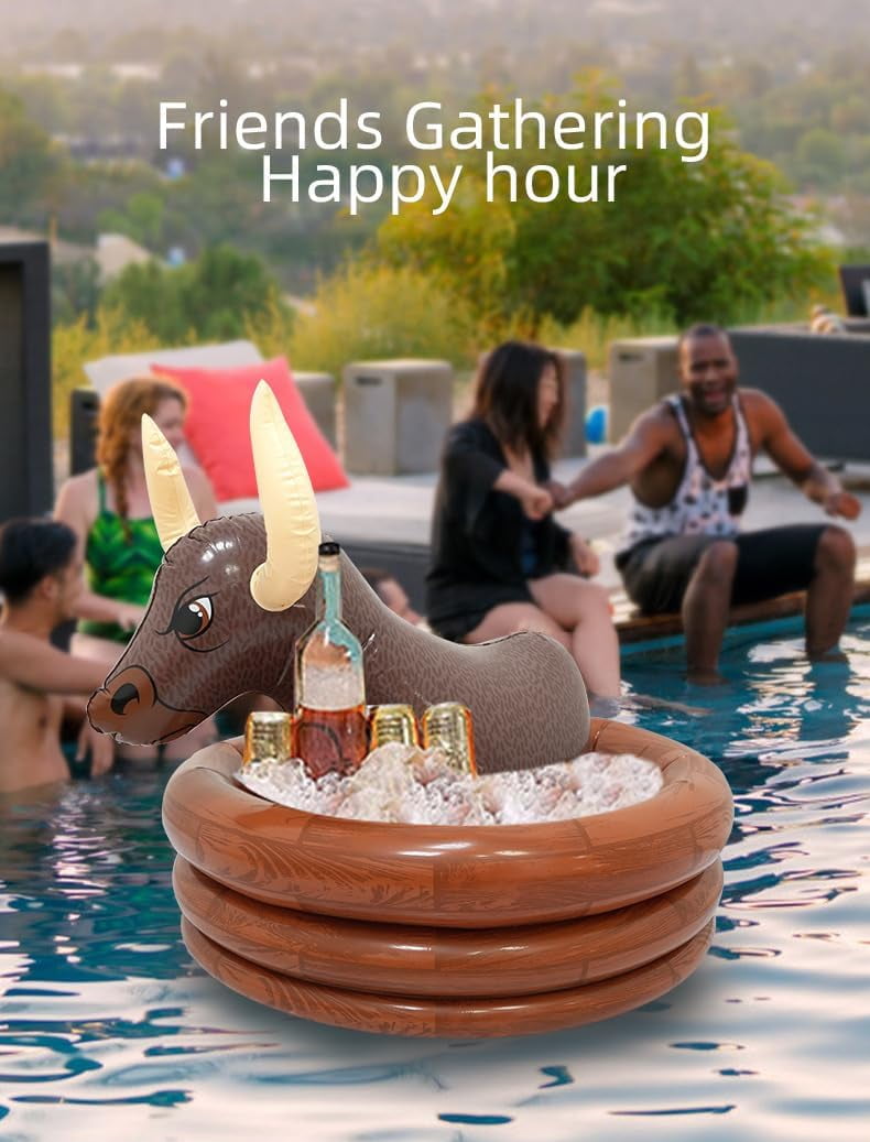 Bull Ice Bucket with Rings Toss,Inflatable Pool Party Cooler,Inflatable Serving Bar Salad Ice Tray Food Drink Containers for Indoor Outdoor BBQ Picnic Pool Party Supplies Luau Cooler