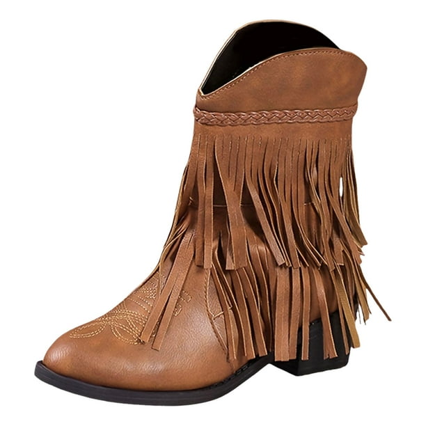 Zapatos Botines de mujer Botas con borlas de Color sólido Retro informales para mujer botas cómodas de tacón grueso a media botas occidentales de talla grande botines botas (Brown 8.5)