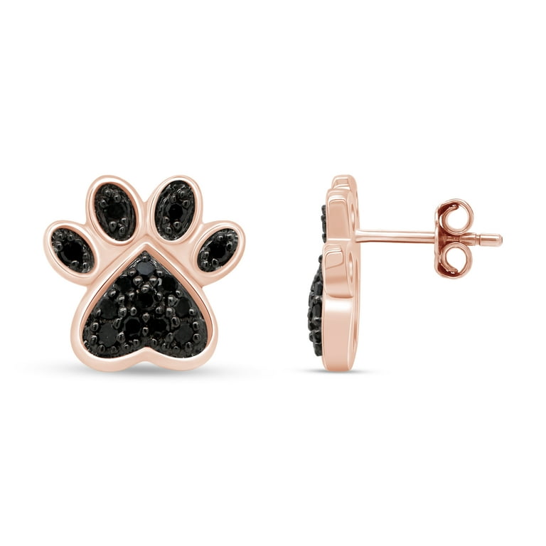 Enhanced Black Diamond Accent Paw Print Womens Stud Earrings 14k Rose Gold Over 925