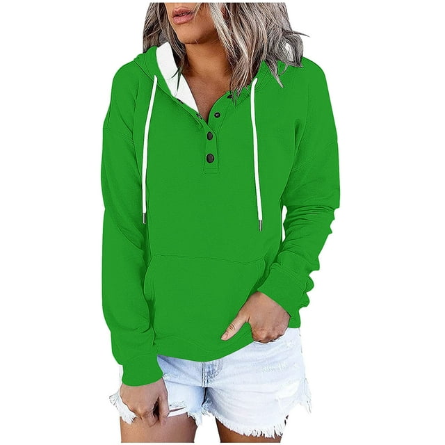 Xfvqtps Femmes Chapeau à Boutons Contrastant Corde Capuche Poche Chandail Chandails en Molleton à la Mode Vert