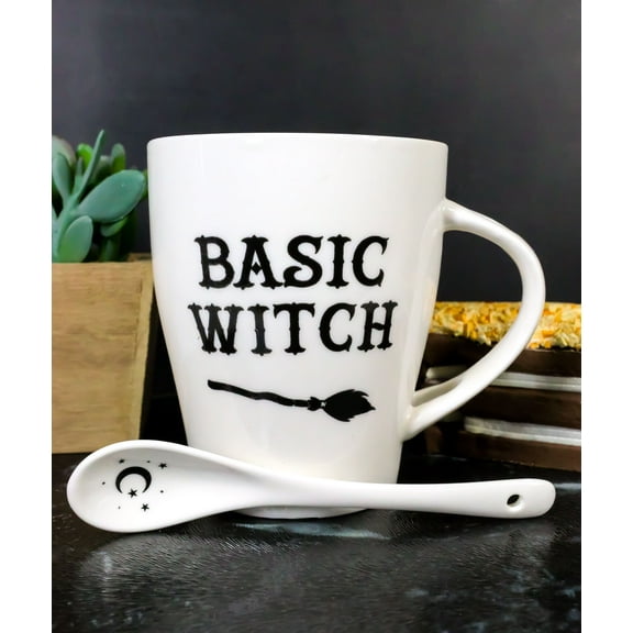 Witchcraft Wicca Basic Witch Crescent Moon Broomstick Coffee Mug And Spoon Set
