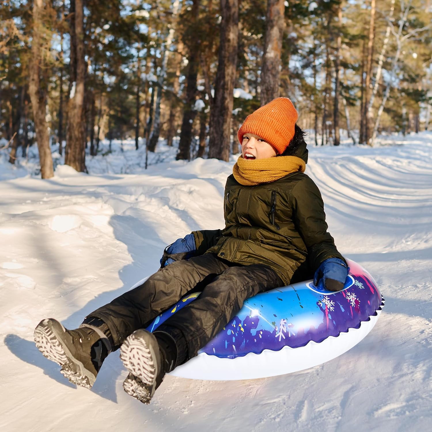 Snow Tubes for Sledding | 33.5" Inflatable Heavy-Duty Snow Tube for Kids & Adults | Thick PVC Snow Toys with Handles | Winter Outdoor Blow Up Sleds for Family