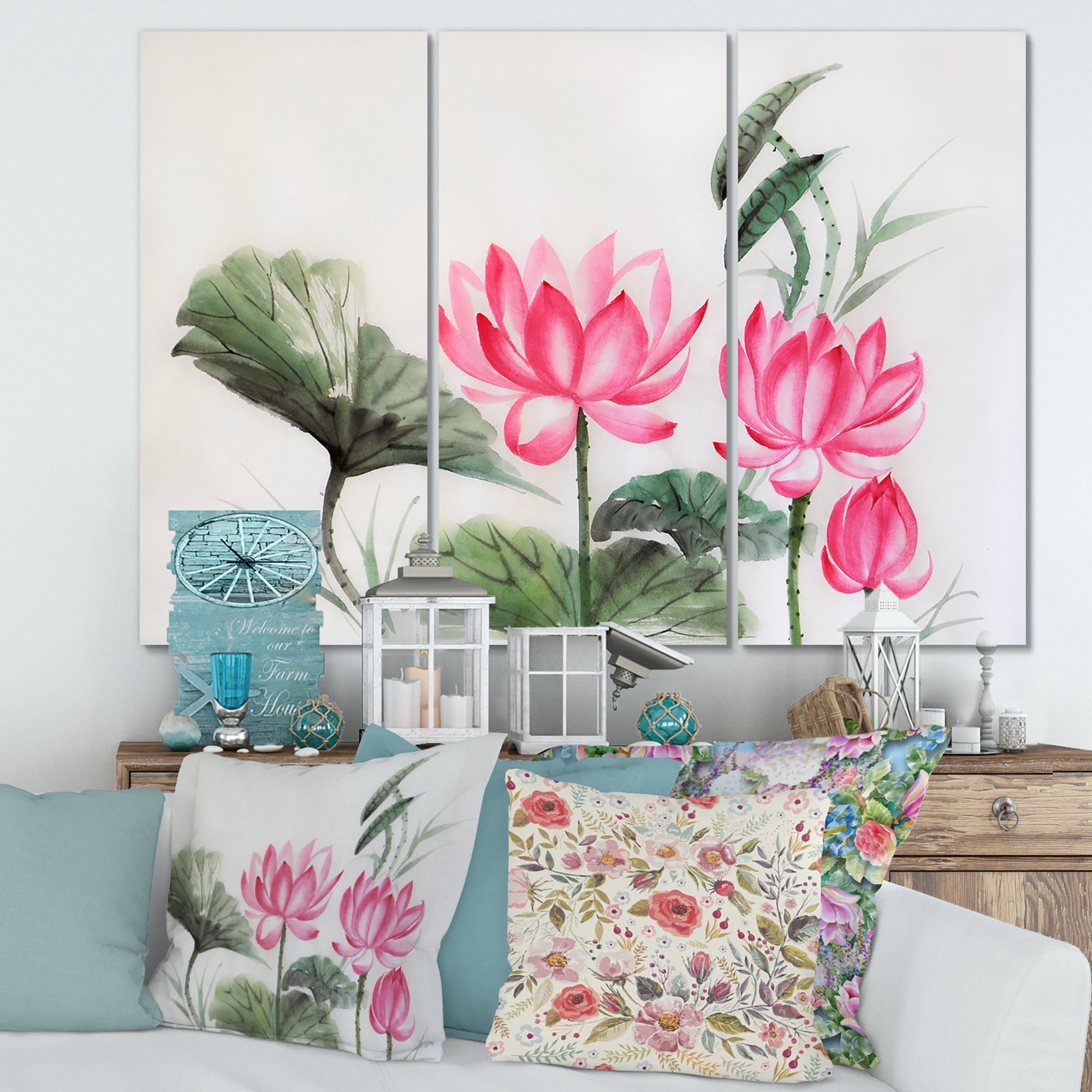 Ancient Pink Lotuses In The Pond I 28 in x 36 in Painting Canvas Art Print, by Designart