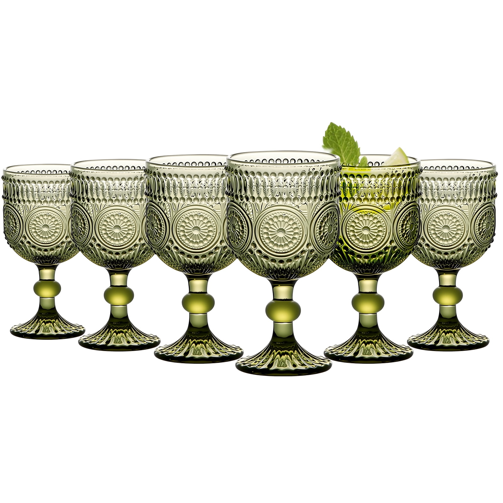 10 Oz Glass Wine Glasses, Set of 6 Stemmed Small Wine Glasses, 300ml Vintage Sunflower Cups, Green