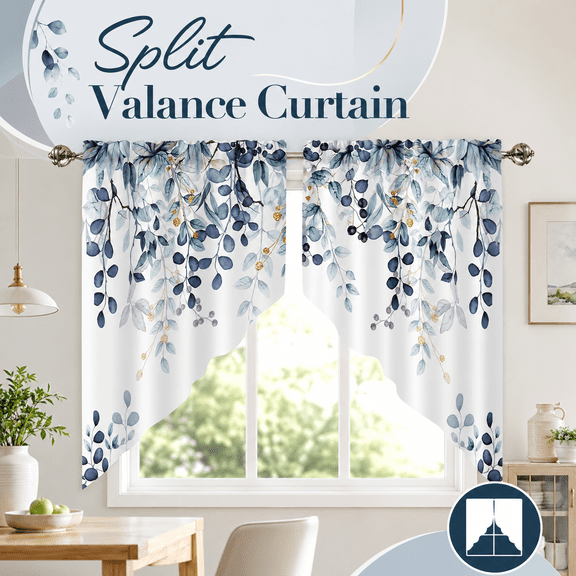 MORAVE 1 Pair 28 x 36 Inch Dark Blue Eucalyptus Swag Curtain Valance, watercolor leaves window treatments short swag topper, suitable for kitchen, bathroom and bedroom windows.