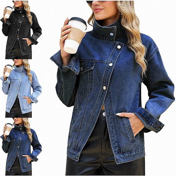 Zefriona Womens Denim Jacket Asymmetric Hem Drop Shoulder Button Pocket Long Sleeve Jean Coat Dark Blue Size M