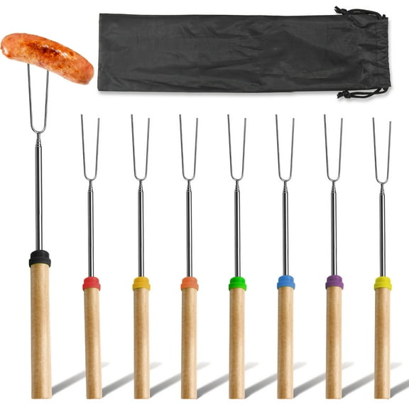 8 Pieces Marshmallow Roasting Sticks, 32 Inch Metal Campfire Sticks with Waterproof Bag, Multicolor Smores Sticks Skewers with Wooden Handle for Outside Barbecue Sausage Onions Hot Dog